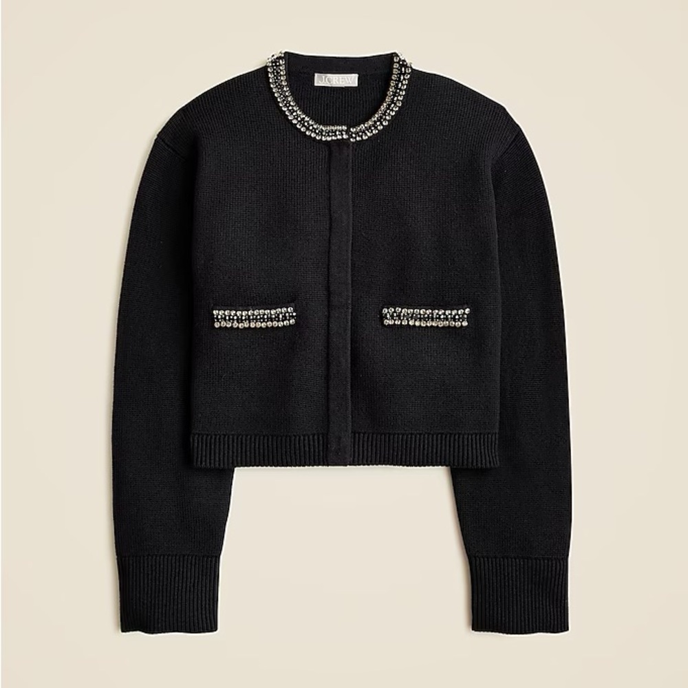 NWT J. CREW Relaxed Emilie Sweater Lady Jacket Jewel Trim Sparkling Black S $218